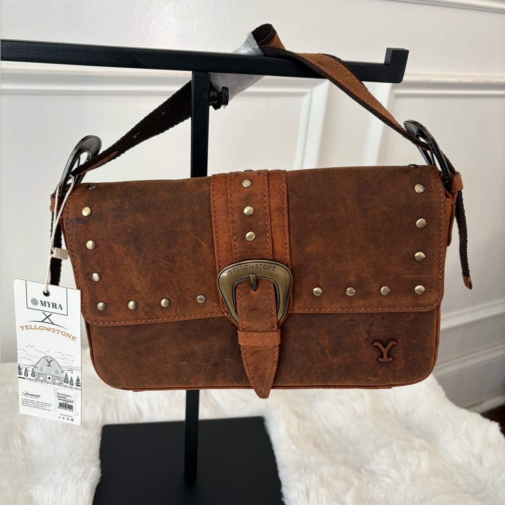 MYRA- YELLOWSTONE AMBER PARADISE HANDBAG WITH RIVETS- DARK BROWN
